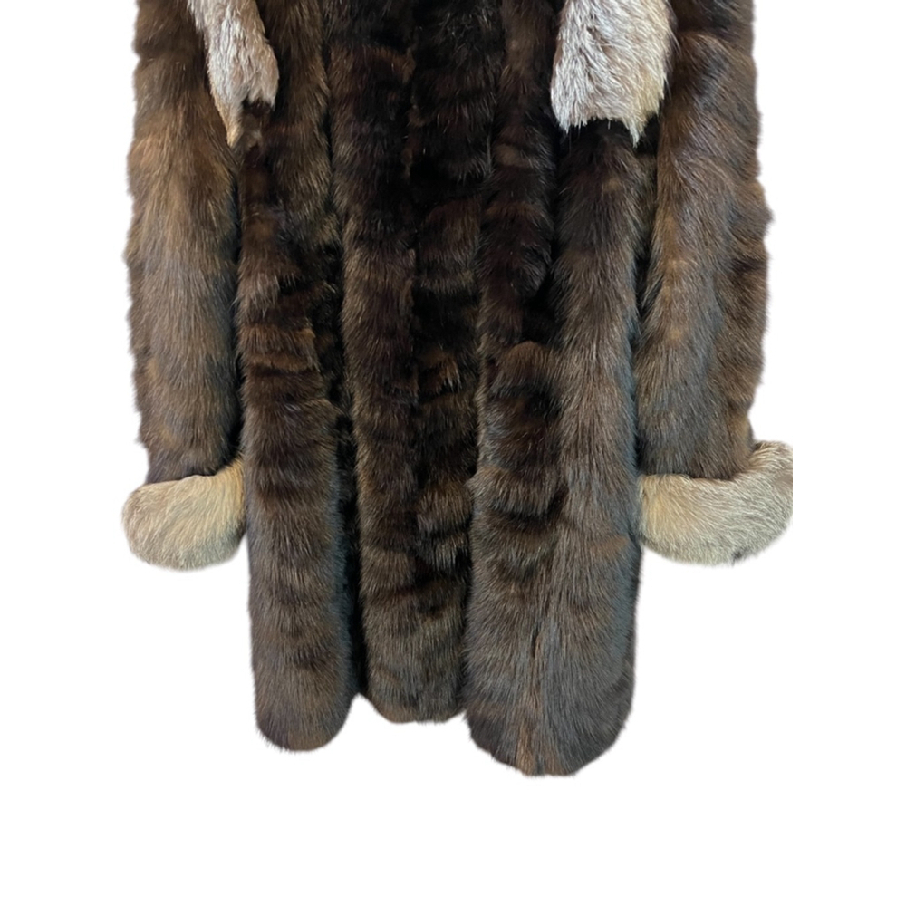 VINTAGE Mink Fur Brown Grey Trim Mid Length Heavy Coat Jacket L - Picture 5 of 10
